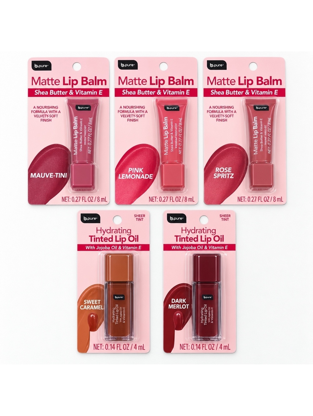 b.pure Lip Balm + Tinted Lip Oil 5-Piece Set Mauve Pink Rose Caramel Merlot NEW